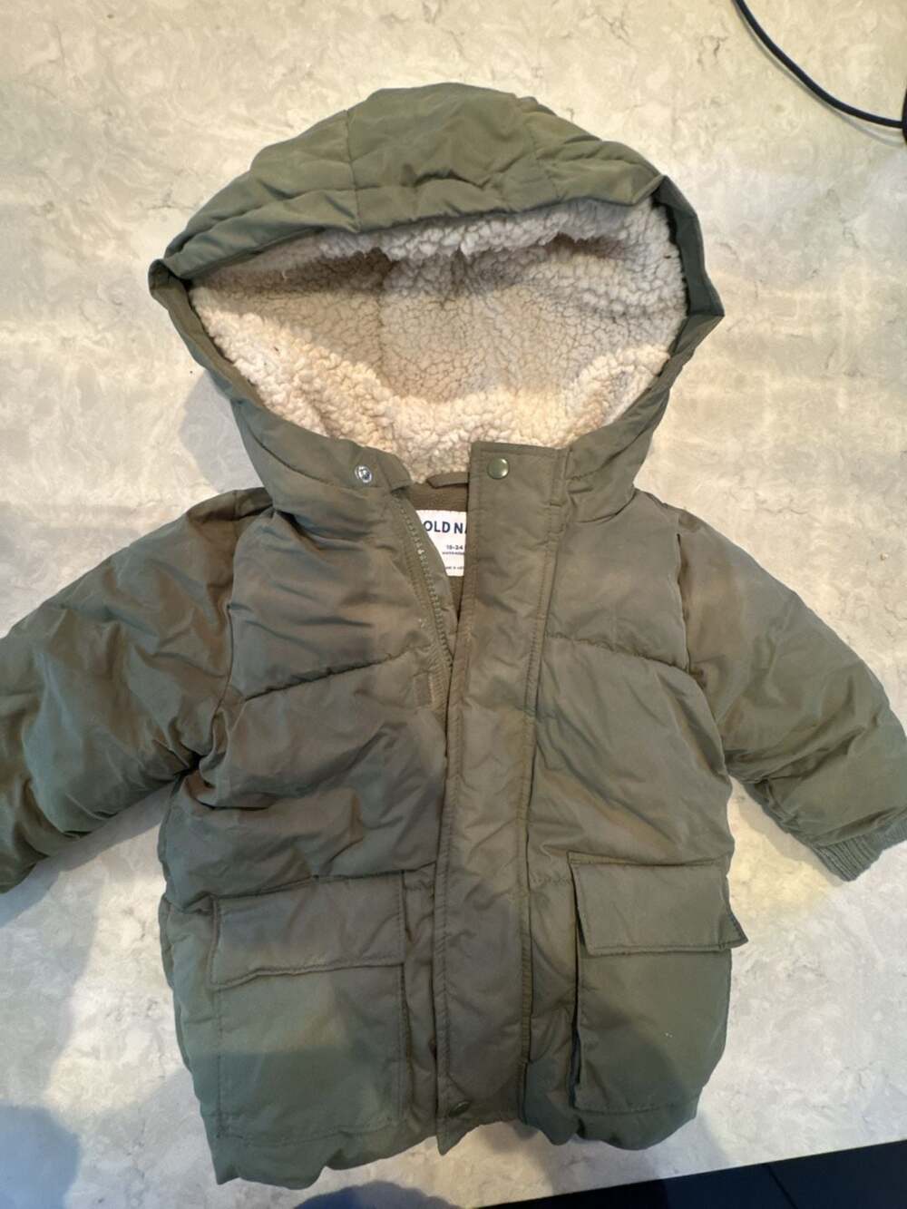Old Navy Water-Resistant Puffer Jacket with Fleece Lining, Olive Green, 18-24 Mo